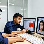 **Phishing Test in Action:** "A realistic phishing email simulation being conducted at a Thai office. Employees are cautiously analyzing emails on their computers, showcasing heightened awareness. Focus on the educational aspect and how the company is using real-world scenarios to train its team. Include Thai script on a mock email for authenticity. Bright office environment with employees actively engaged."