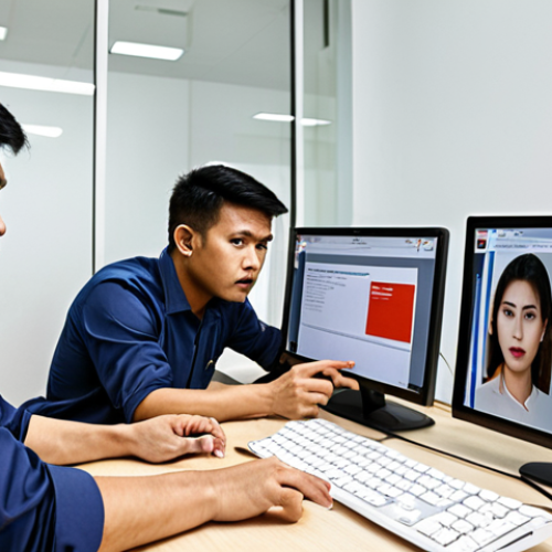 **Phishing Test in Action:** "A realistic phishing email simulation being conducted at a Thai office. Employees are cautiously analyzing emails on their computers, showcasing heightened awareness. Focus on the educational aspect and how the company is using real-world scenarios to train its team. Include Thai script on a mock email for authenticity. Bright office environment with employees actively engaged."