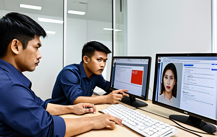 **Phishing Test in Action:** "A realistic phishing email simulation being conducted at a Thai office. Employees are cautiously analyzing emails on their computers, showcasing heightened awareness. Focus on the educational aspect and how the company is using real-world scenarios to train its team. Include Thai script on a mock email for authenticity. Bright office environment with employees actively engaged."