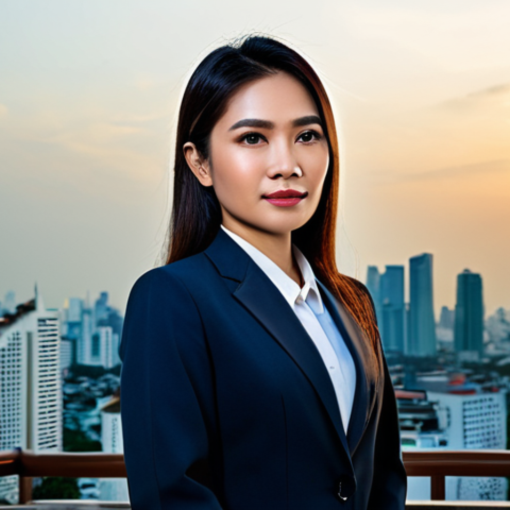 **
A professional Thai businesswoman in a modest, tailored business suit, standing confidently in front of the Bangkok skyline at sunset, fully clothed, appropriate attire, safe for work, perfect anatomy, natural proportions, professional photograph, high quality, family-friendly.
**