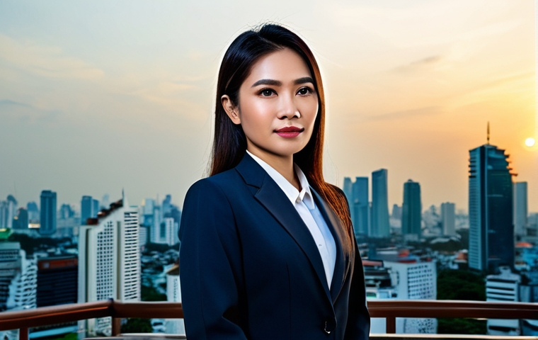 **

A professional Thai businesswoman in a modest, tailored business suit, standing confidently in front of the Bangkok skyline at sunset, fully clothed, appropriate attire, safe for work, perfect anatomy, natural proportions, professional photograph, high quality, family-friendly.

**