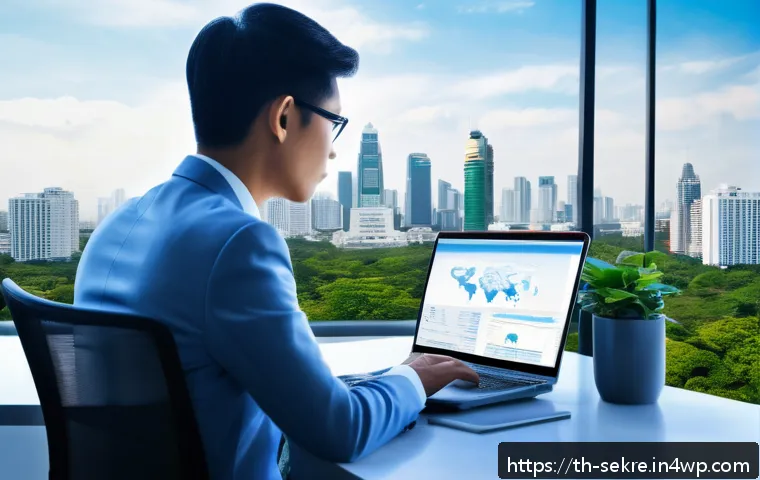 랜섬웨어 공격에 대한 예방 및 대응 방안 - A detailed digital illustration of a modern office workspace in Bangkok, Thailand, showing a profess...