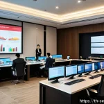 Home 23 사이버 보안 위협 대응에 대한 이해관계자 협력 - A modern cybersecurity collaboration meeting room in Bangkok, Thailand, featuring diverse profession...